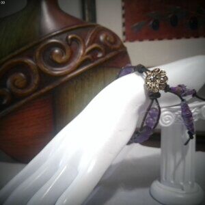 SIMPLY BLING Black Leather Bracelet with Purple Beads 7 1/4"